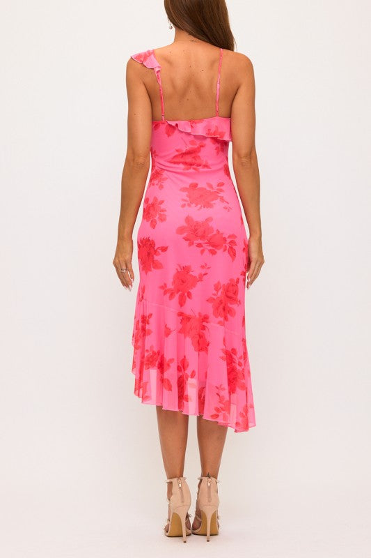 Mesh Print Ruffle Midi Dress