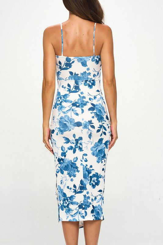 Floral Square Neck Bodycon Midi Dress