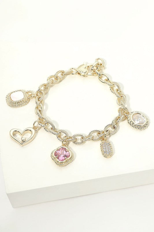 14K Gold Plated CZ Quatrefoil Heart Mother of Pearl Charm Bracelet