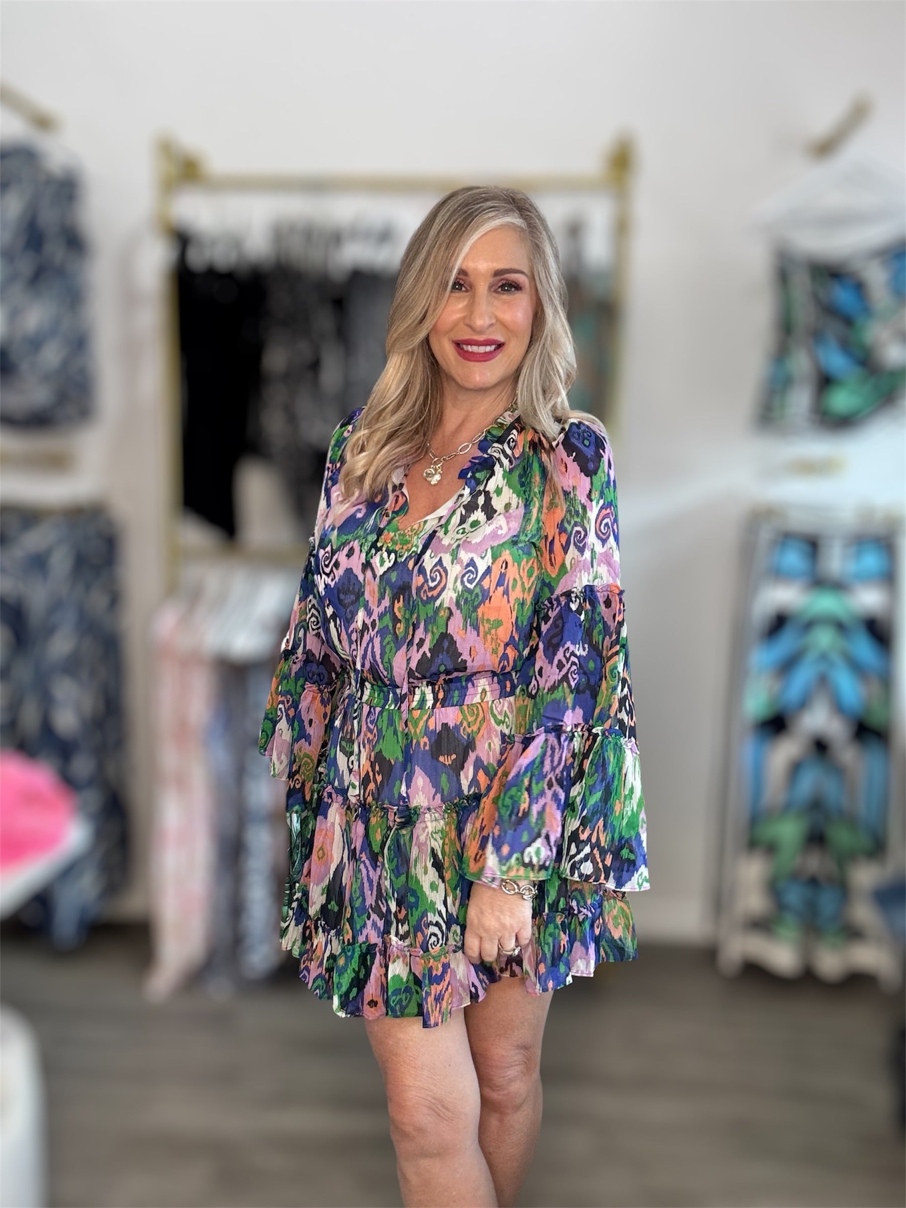 Printed Bell Sleeve Mini Dress