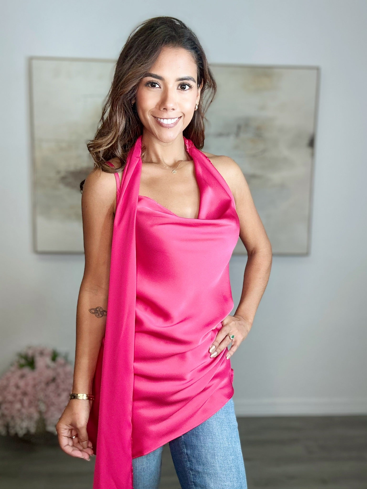 Satin Scarf Neck Top