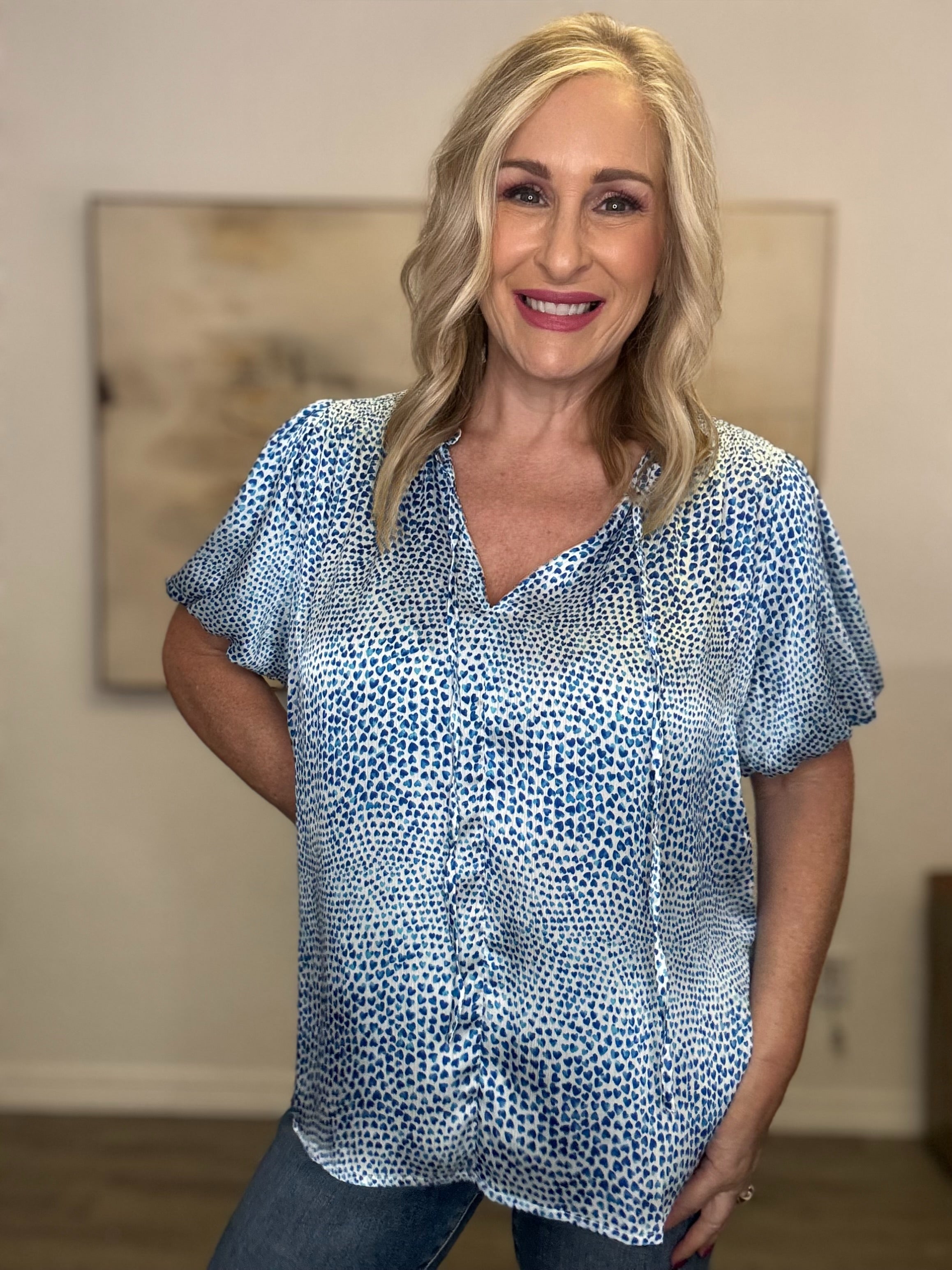 Heart Printed Ruffle V-Neck Top