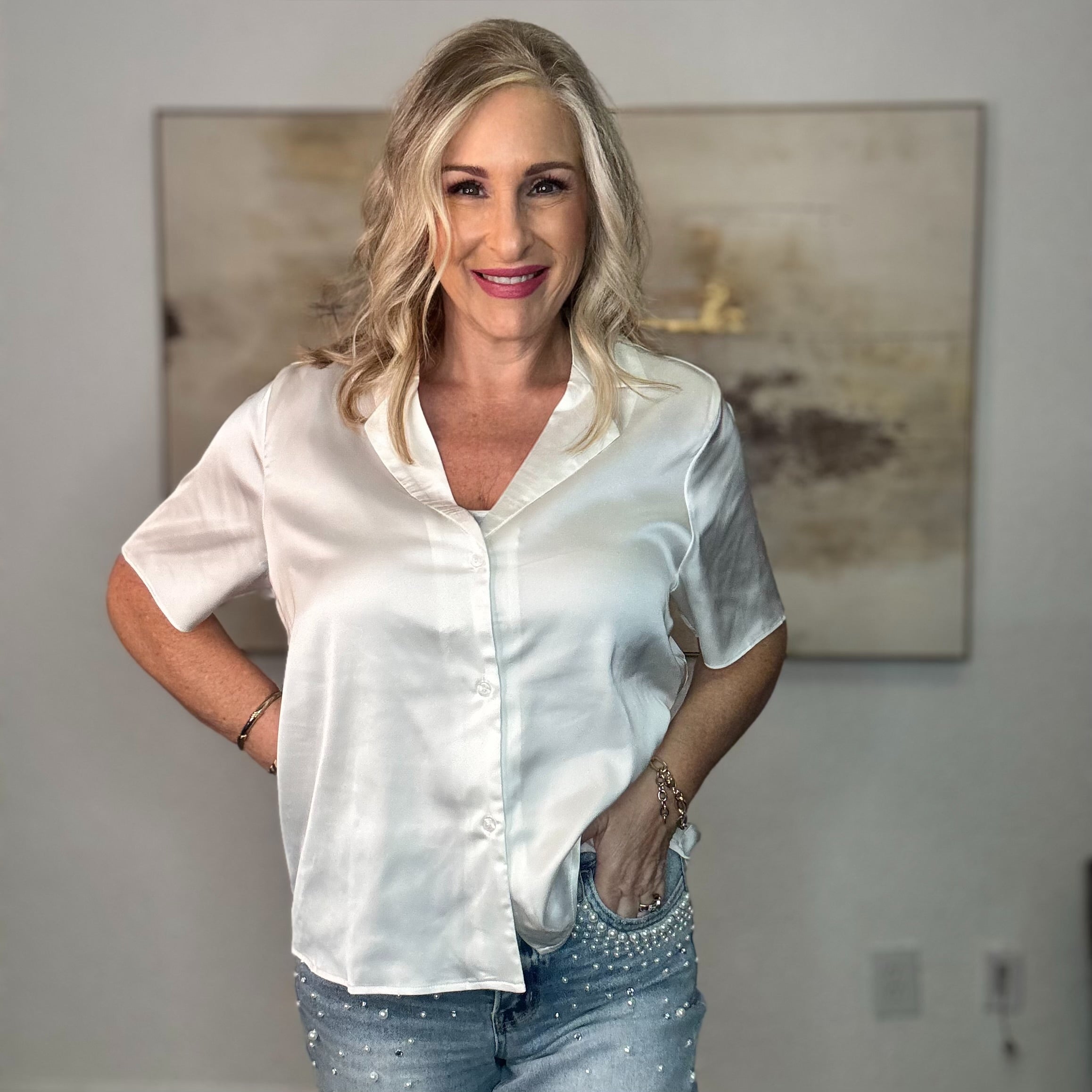 Solid Satin Short Sleeve Top