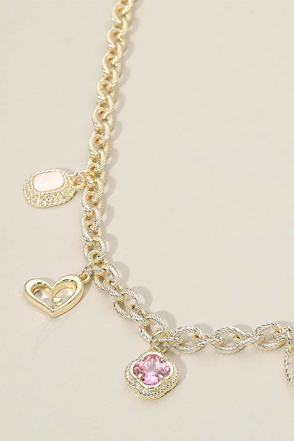 14K Gold Plated CZ Mixed Charm Station Necklace