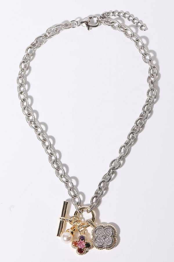 Clover & Pearl Charm Chunky Rope Chain Necklace