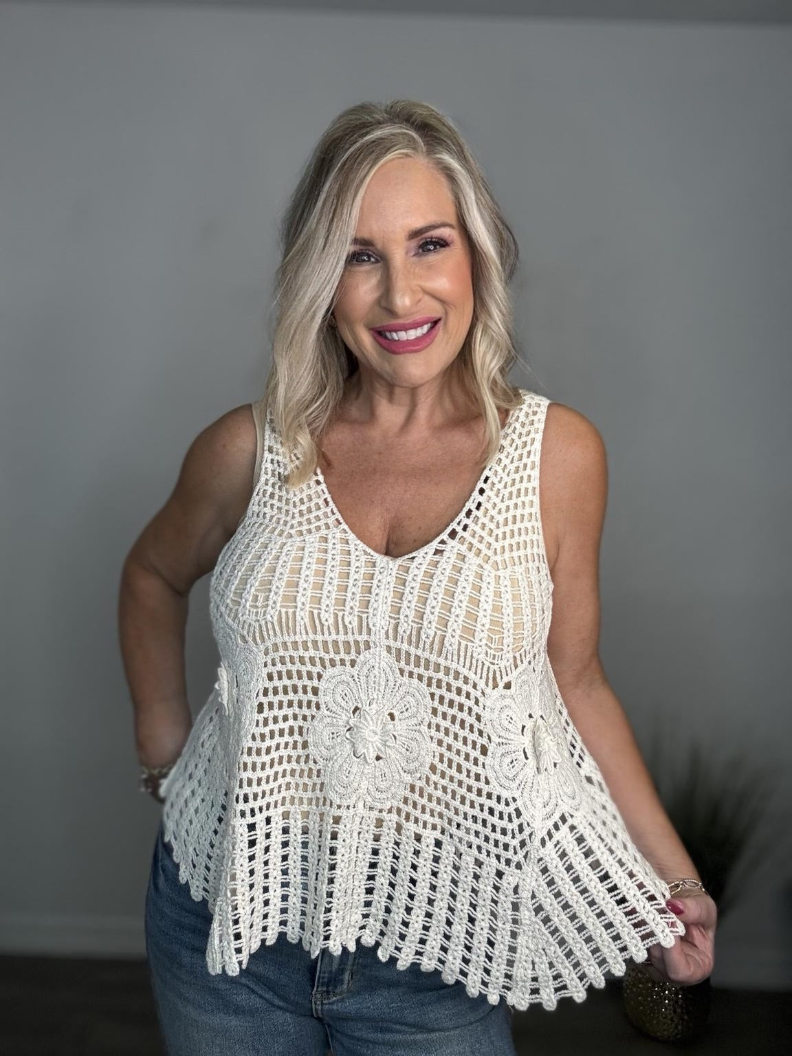 V-Neck Sleeveless Crochet Top by Pol