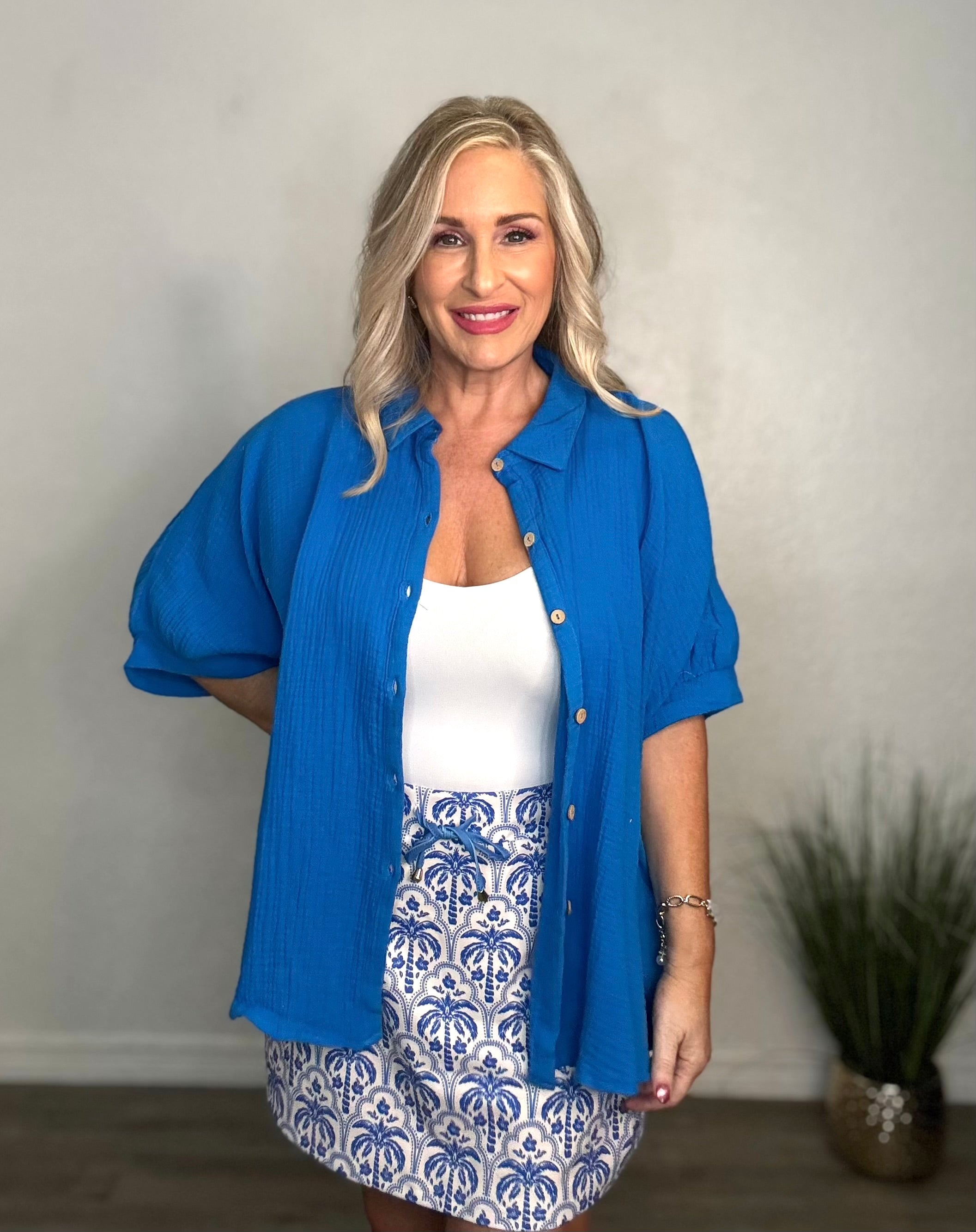 Double Gauze 3/4 Sleeve Button Up Top