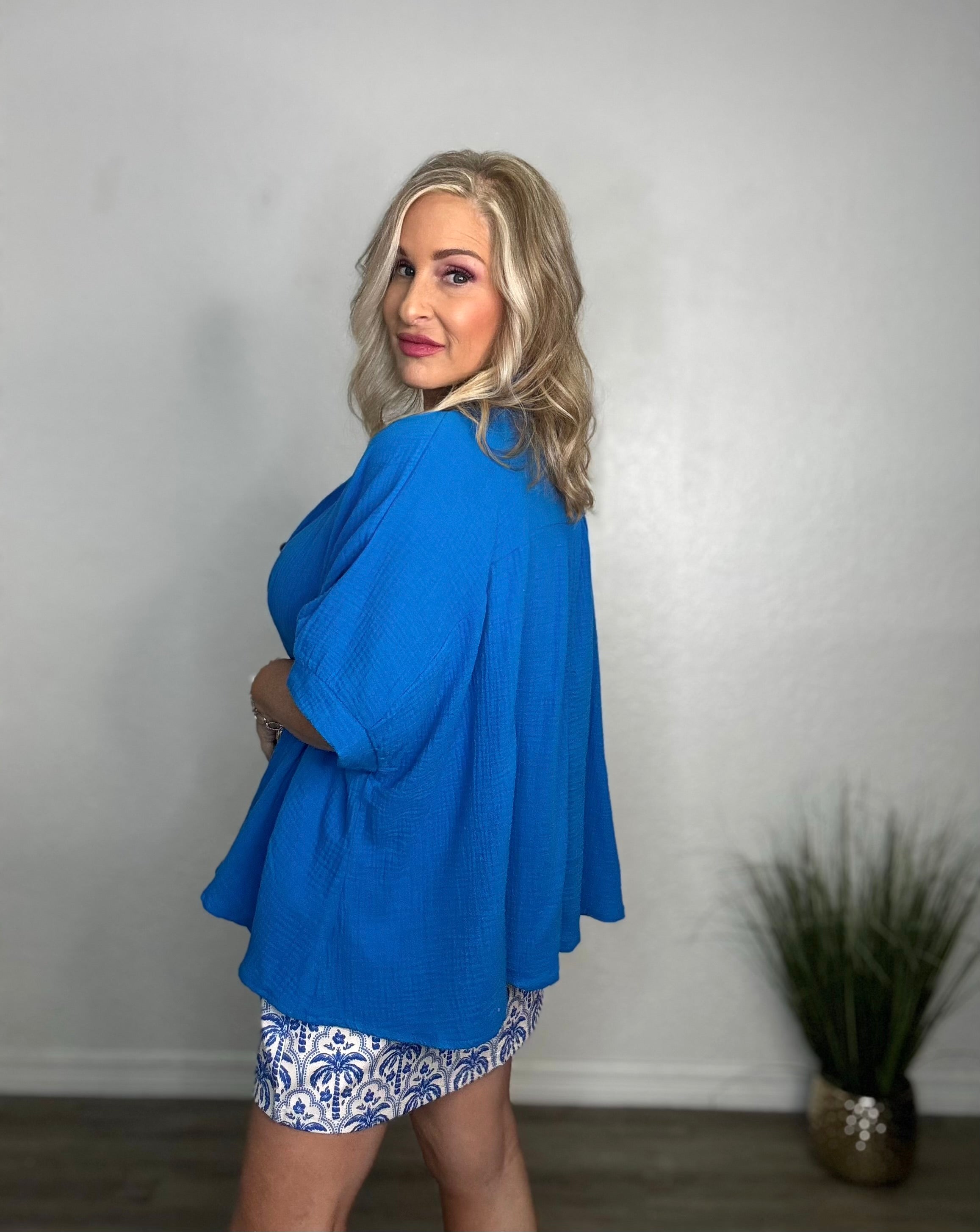 Double Gauze 3/4 Sleeve Button Up Top