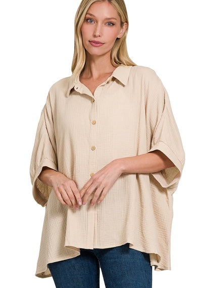 Double Gauze 3/4 Sleeve Button Up Top
