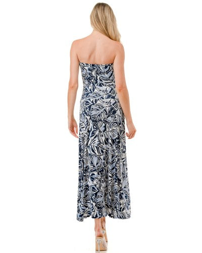 Blue Tropical Tube Top Flare Maxi Dress