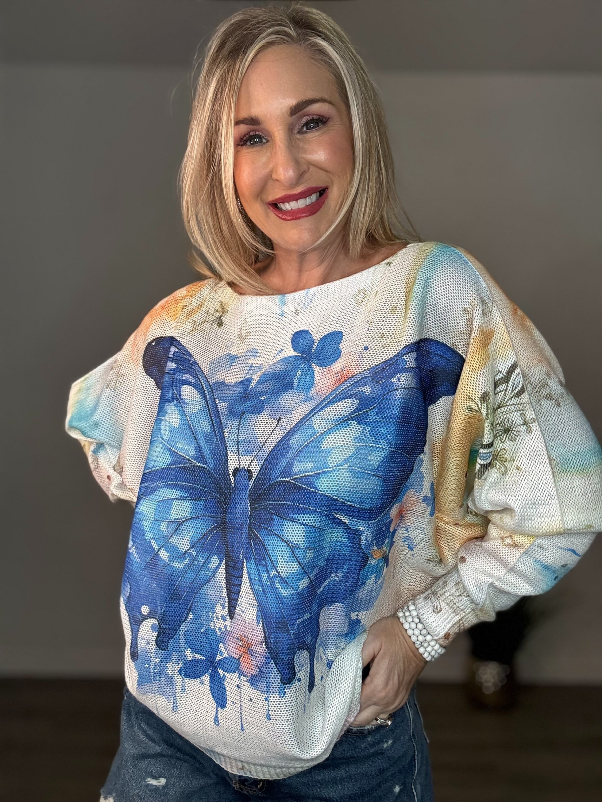 The Blue Butterfly Knit Printed Sweater Top