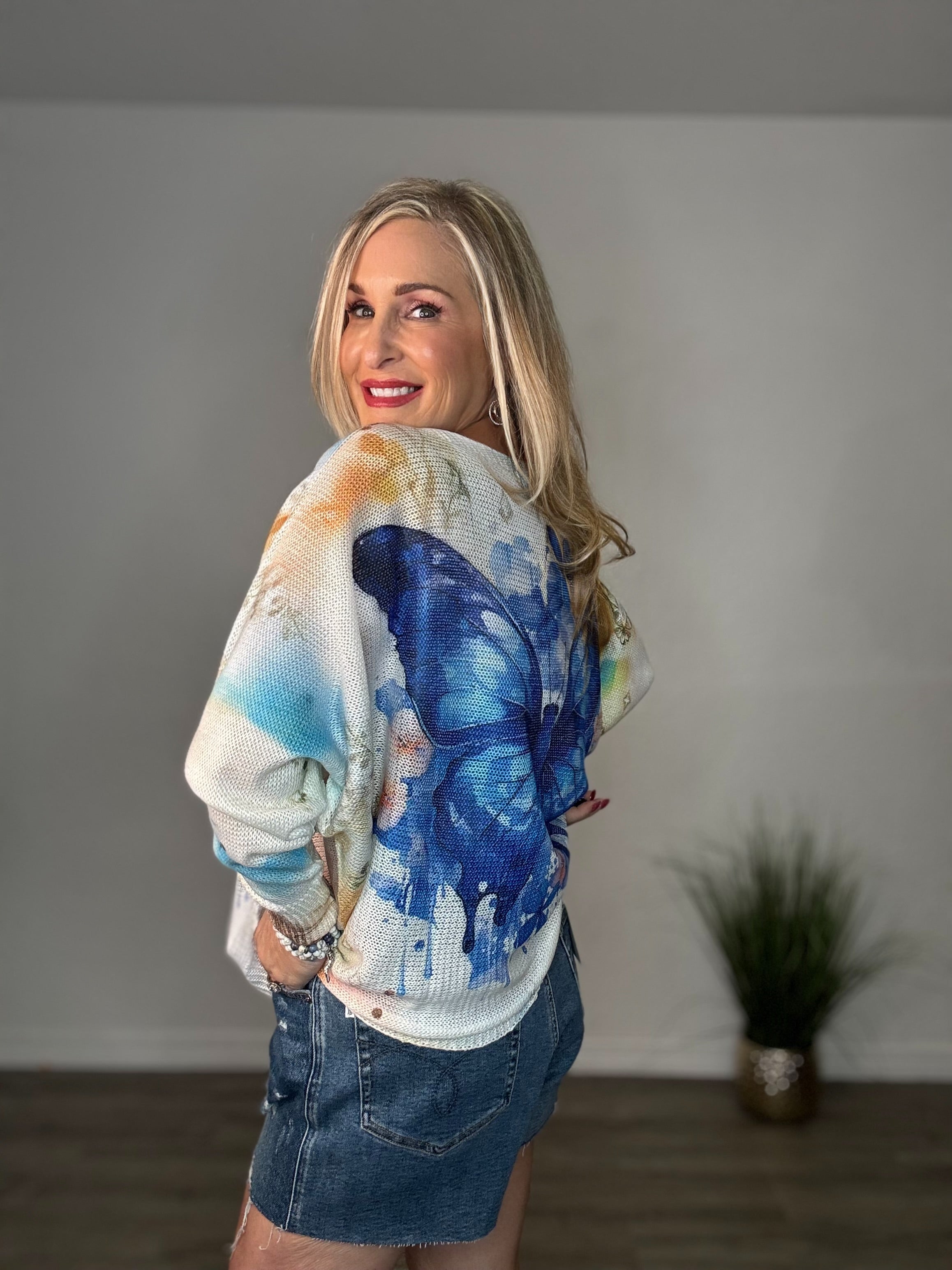 The Blue Butterfly Knit Printed Sweater Top