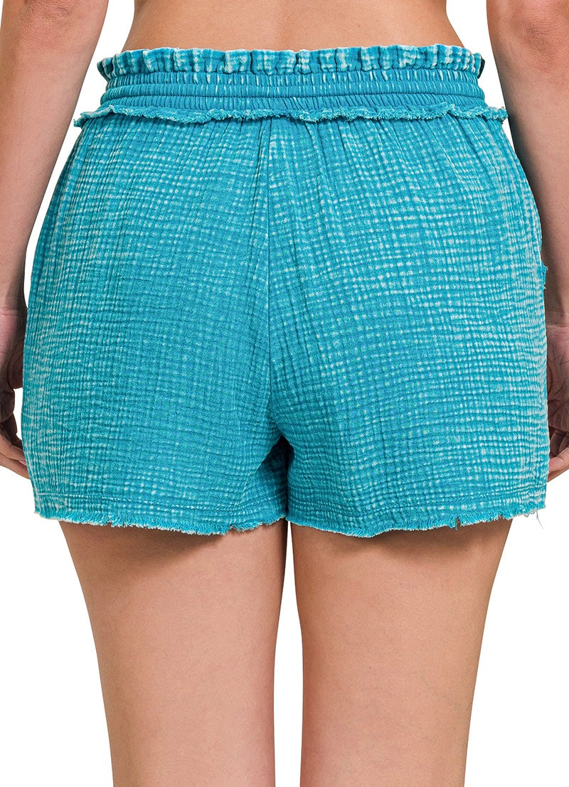Washed Double Gauze Frayed Hem Shorts