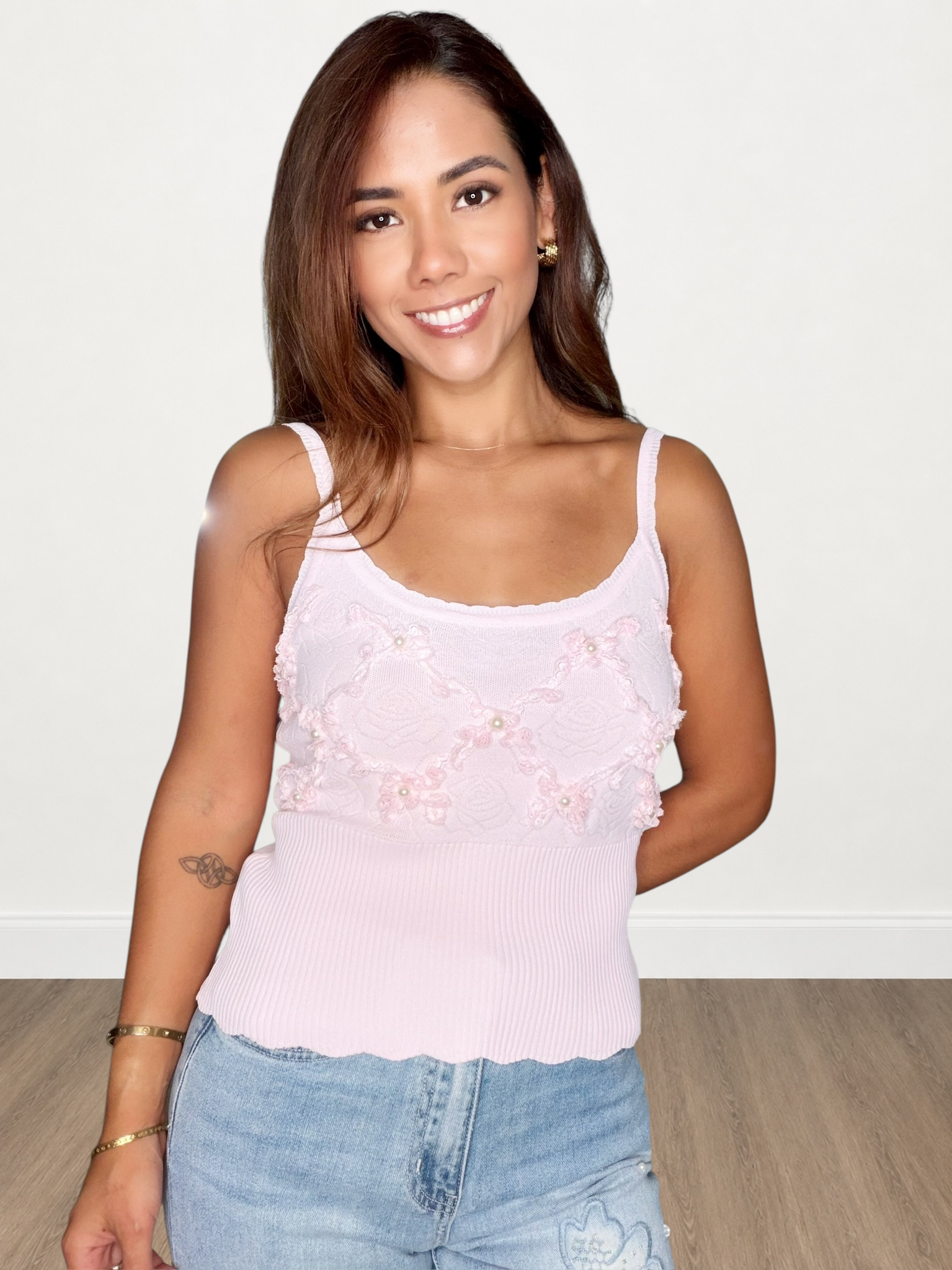 Floral Textured Ribbed Knit Tank Top