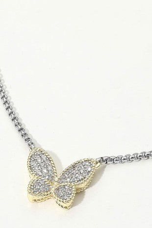 Two Tone CZ Stone Paved Butterfly Pendant Necklace