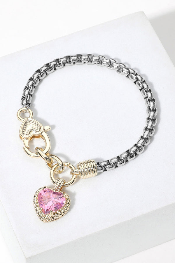 Two Tone CZ Stone Paved Heart Charm Bracelet