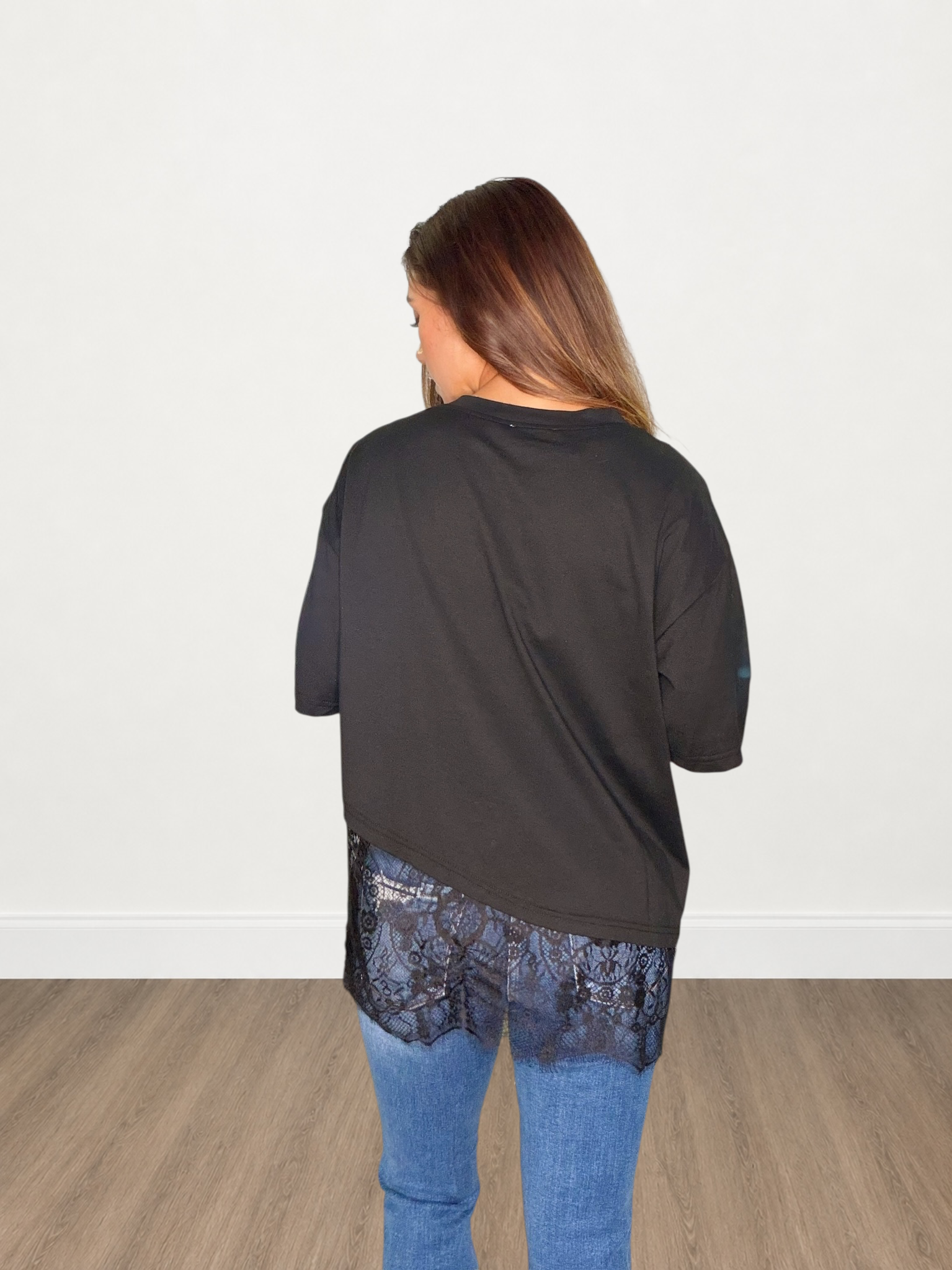 Floral Lace Trimmed Asymmetrical T-Shirt Top