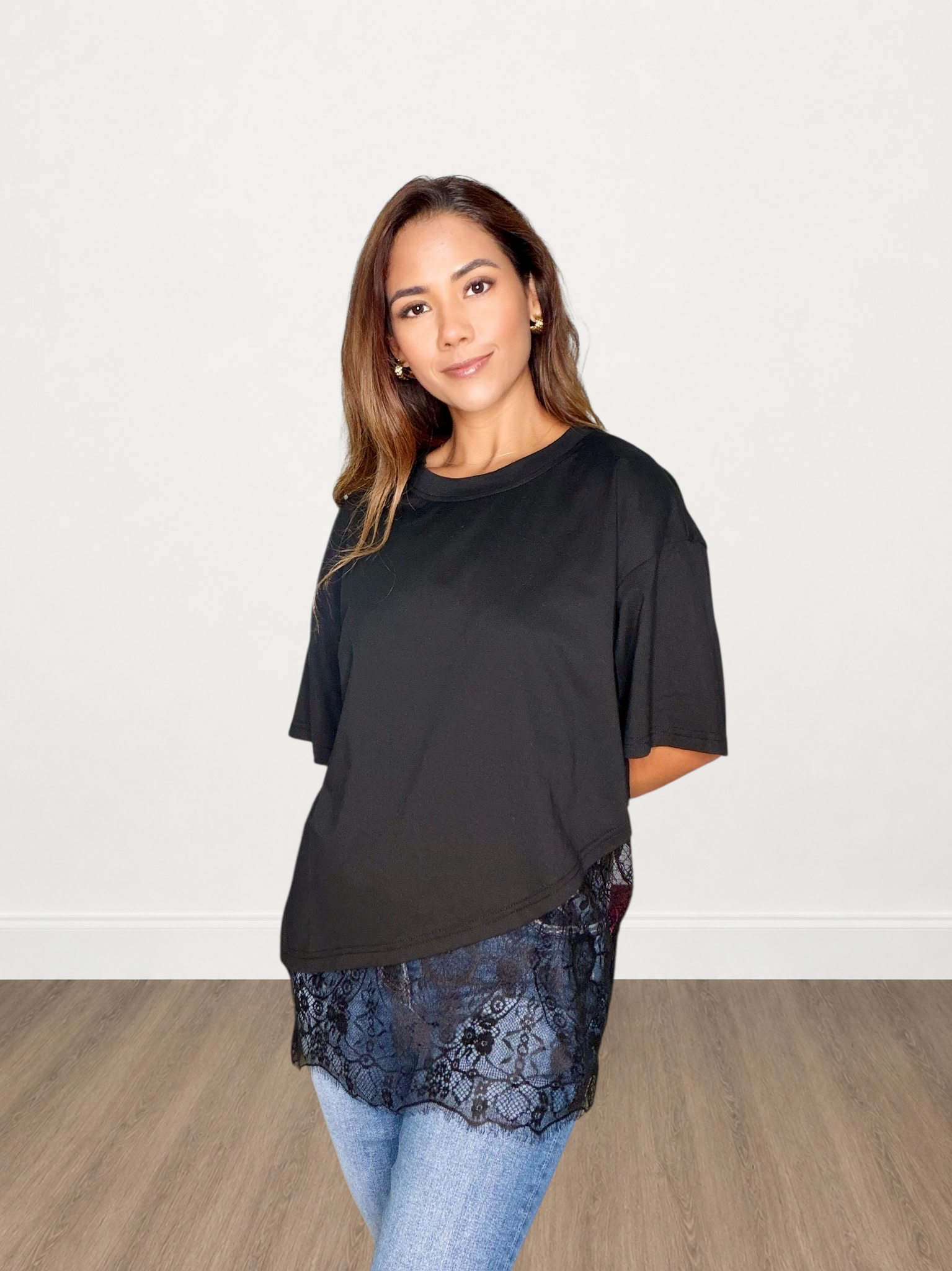 Floral Lace Trimmed Asymmetrical T-Shirt Top