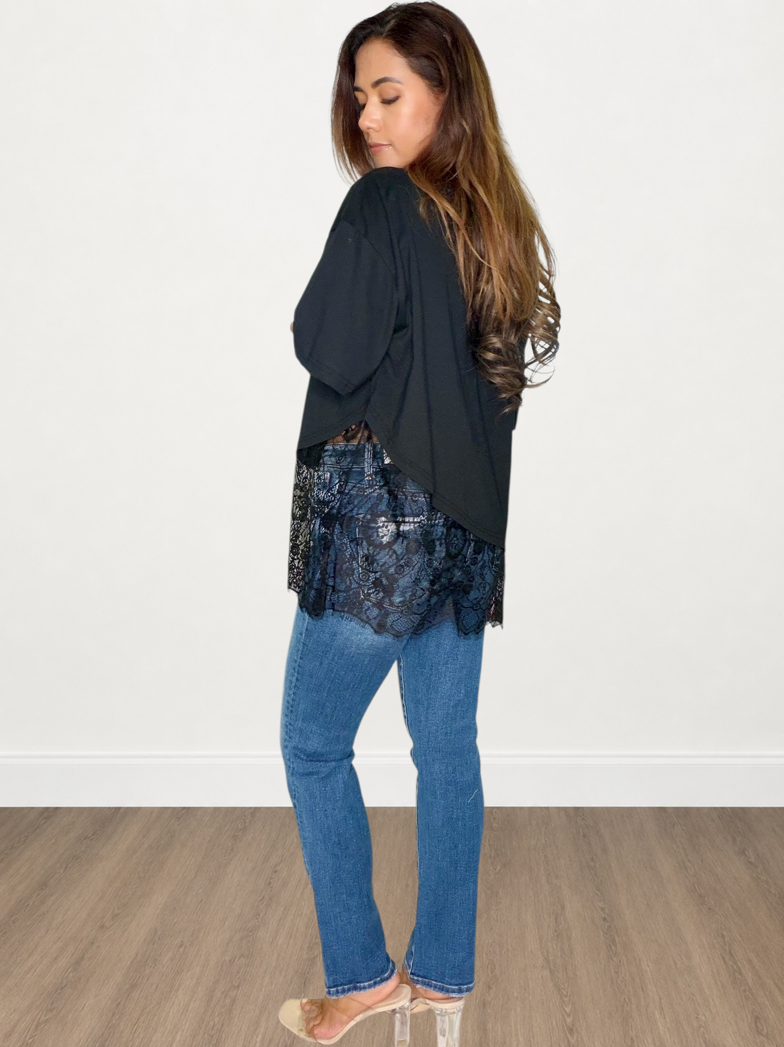 Floral Lace Trimmed Asymmetrical T-Shirt Top
