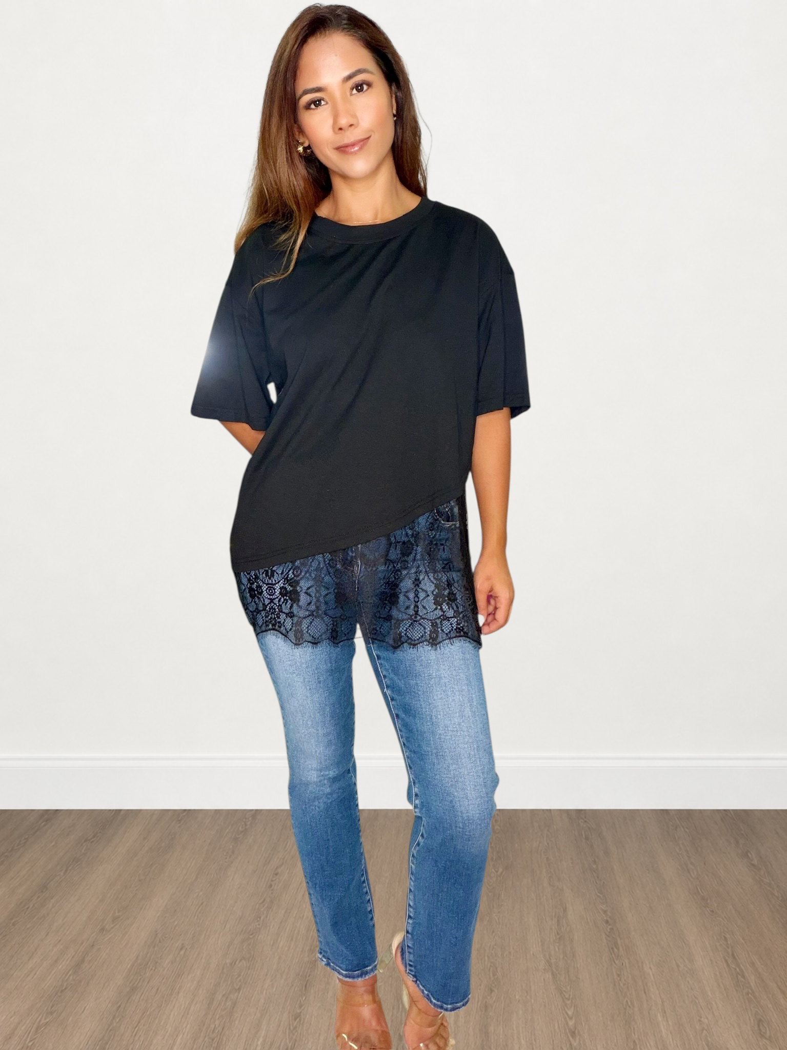 Floral Lace Trimmed Asymmetrical T-Shirt Top
