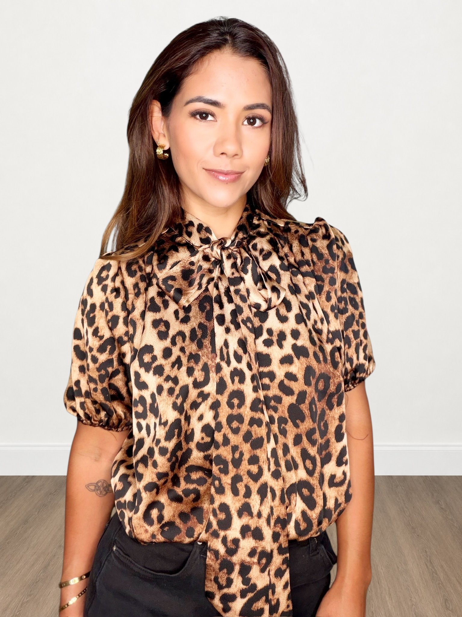 Leopard Print Short Sleeve Neck Scarf Tie Detail Top