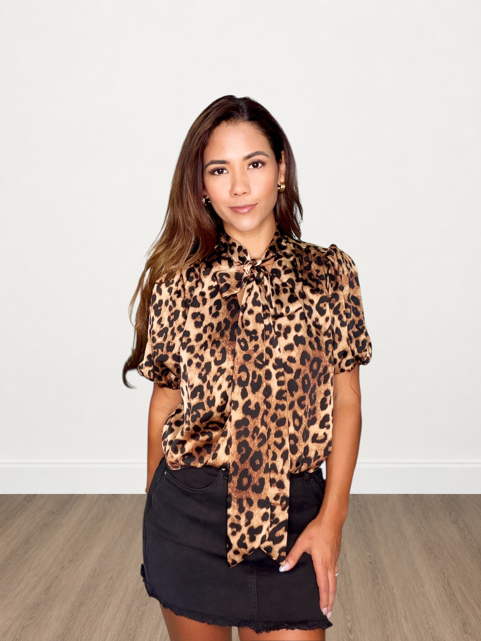 Leopard Print Short Sleeve Neck Scarf Tie Detail Top