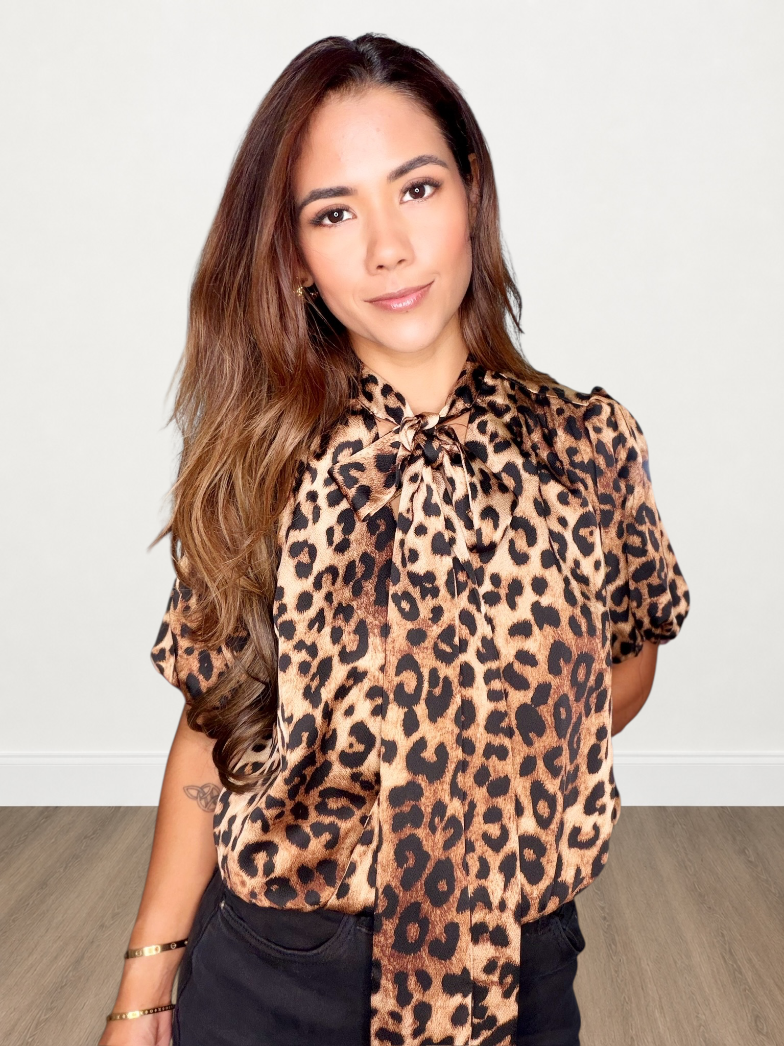 Leopard Print Short Sleeve Neck Scarf Tie Detail Top