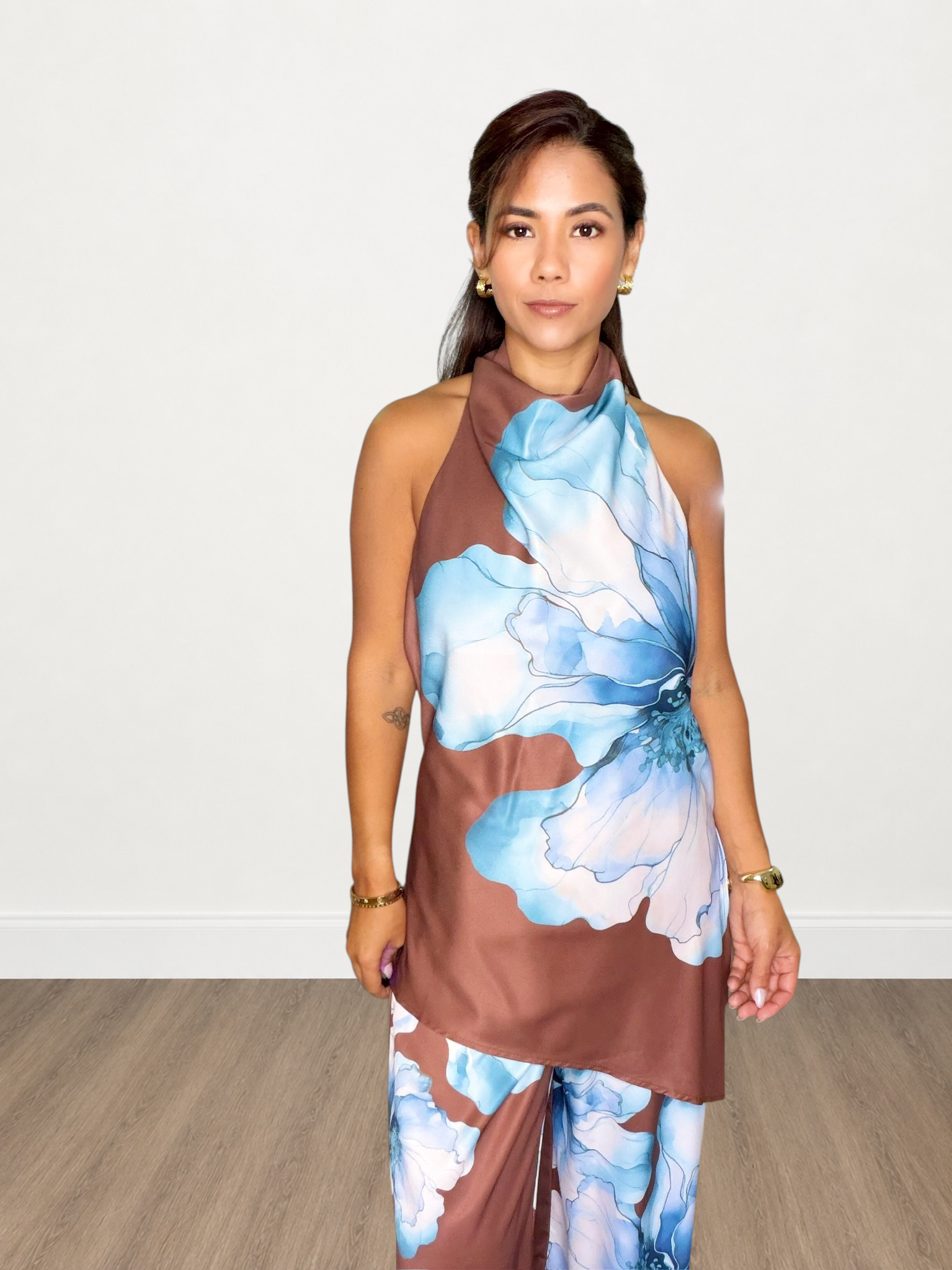 Floral Halter Top & Wide-Leg Pants Set