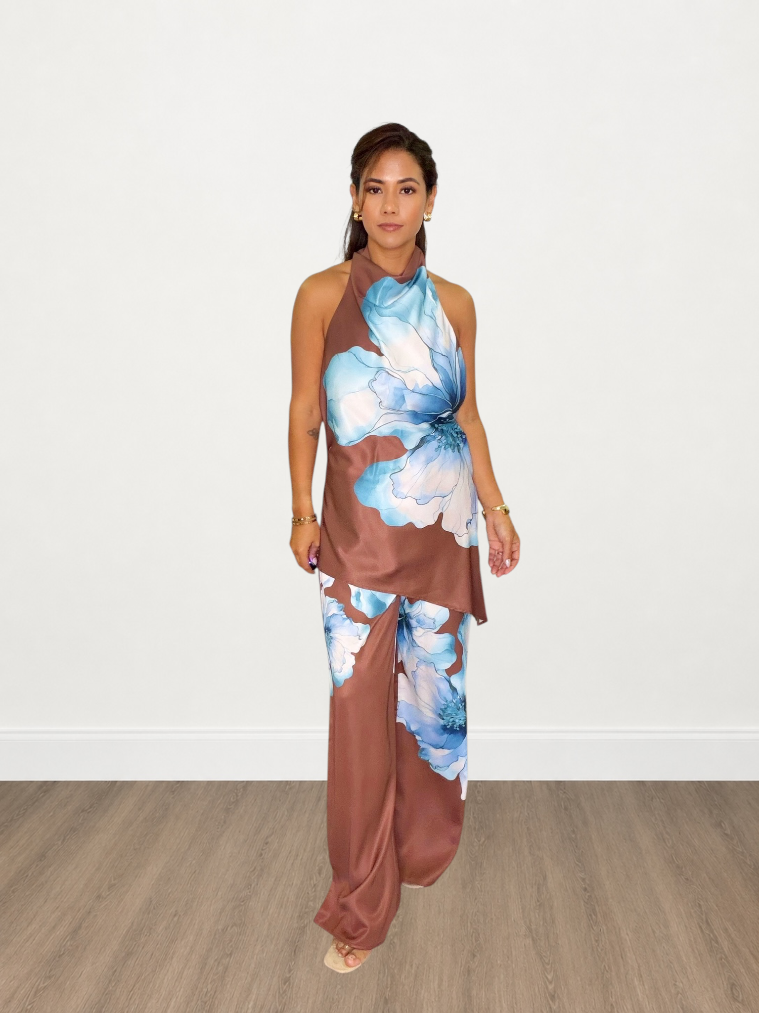 Floral Halter Top & Wide-Leg Pants Set