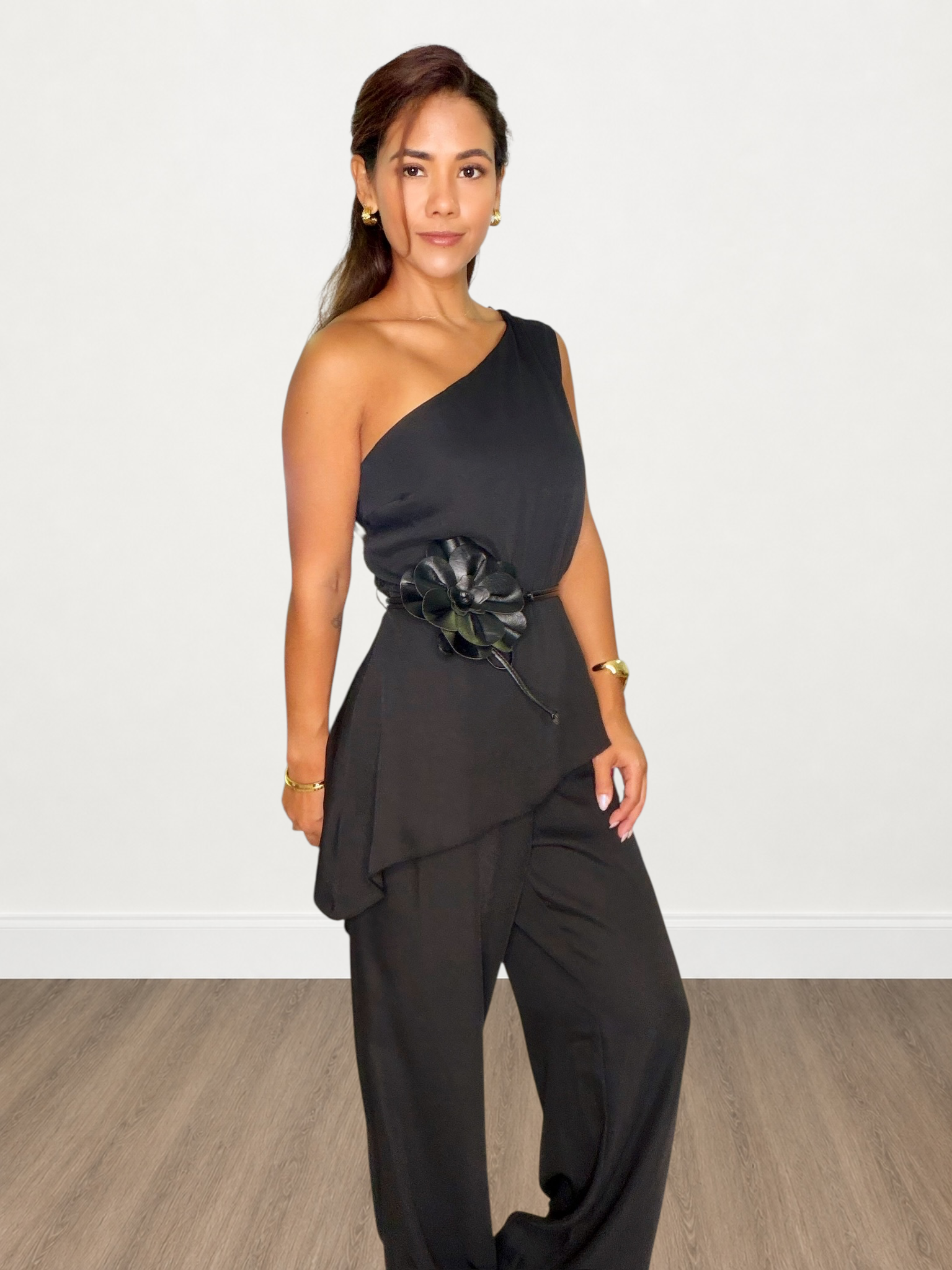 Black One Shoulder Asymmetrical Hem Jumpsuit with Floral Belt