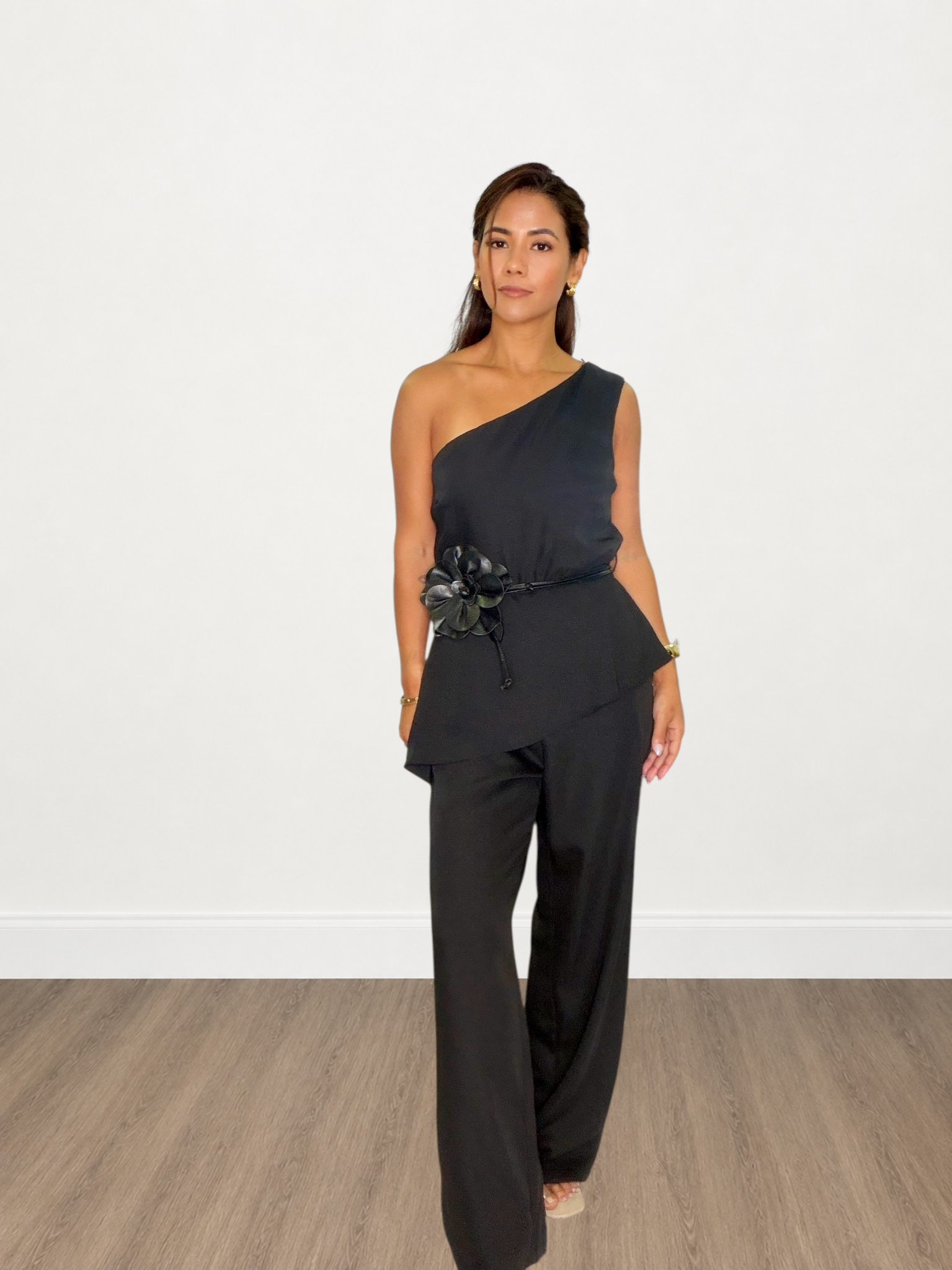 Black One Shoulder Asymmetrical Hem Jumpsuit with Floral Belt
