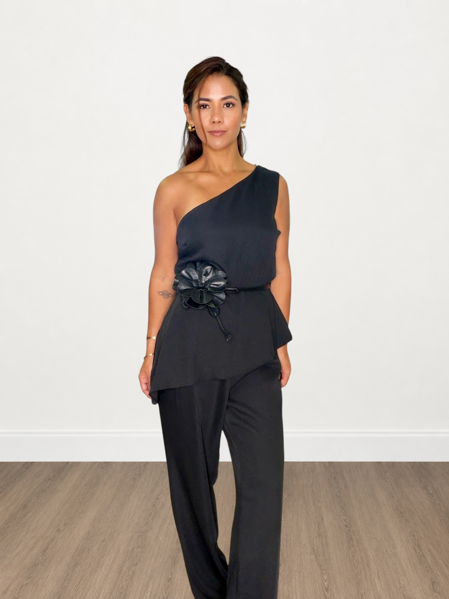 Black One Shoulder Asymmetrical Hem Jumpsuit with Floral Belt