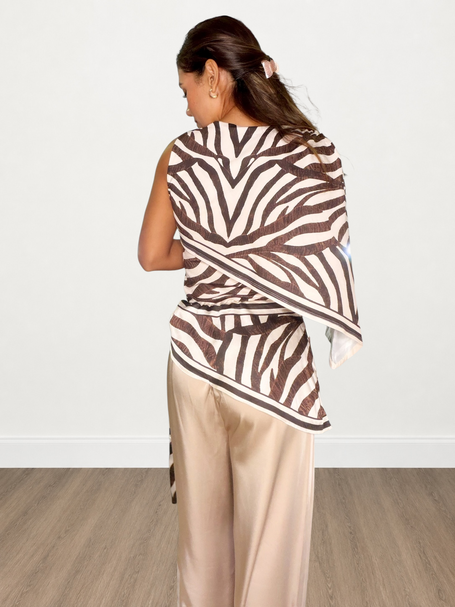 Zebra Print One-Shoulder Draped Overlay Top