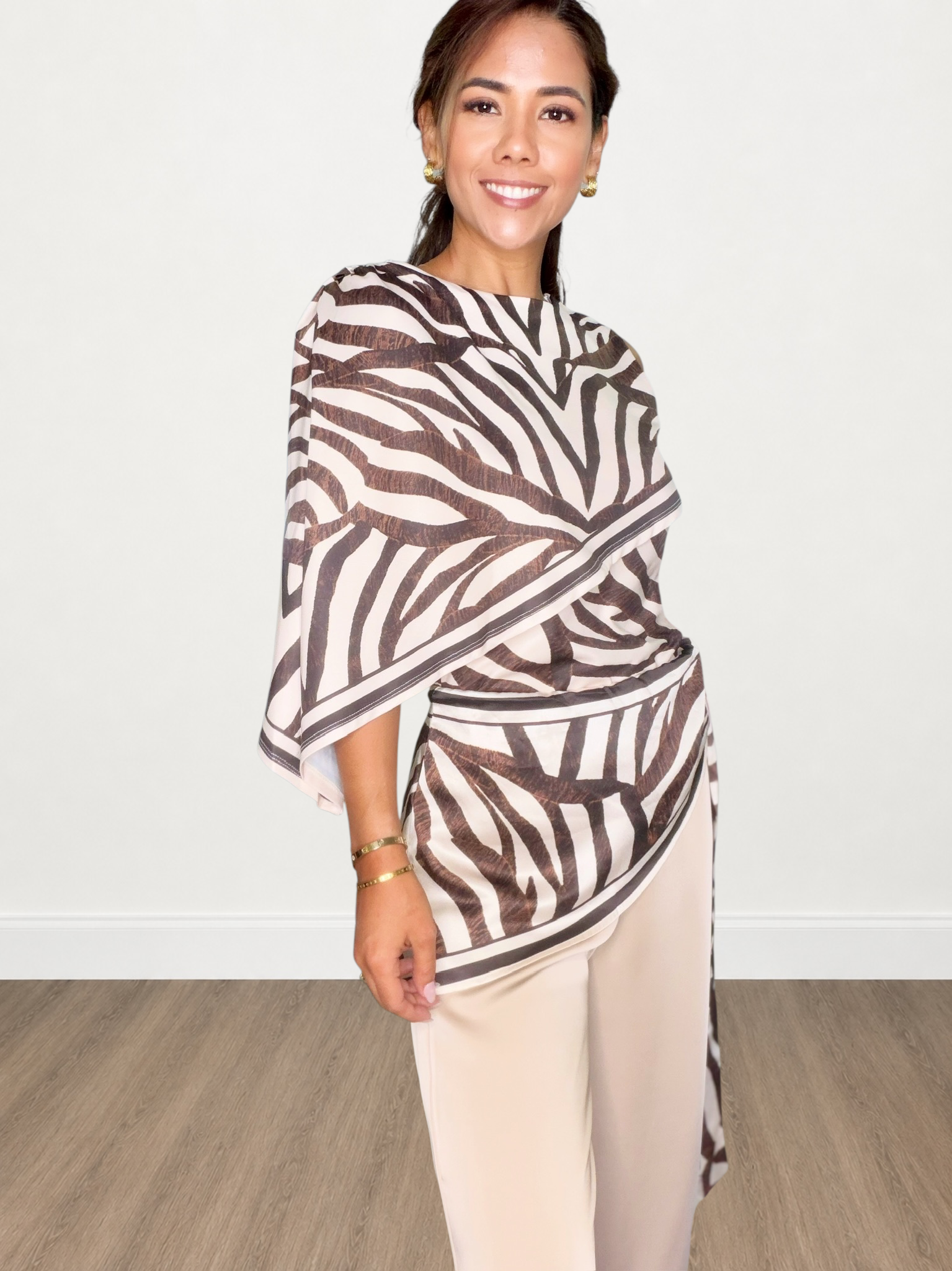 Zebra Print One-Shoulder Draped Overlay Top
