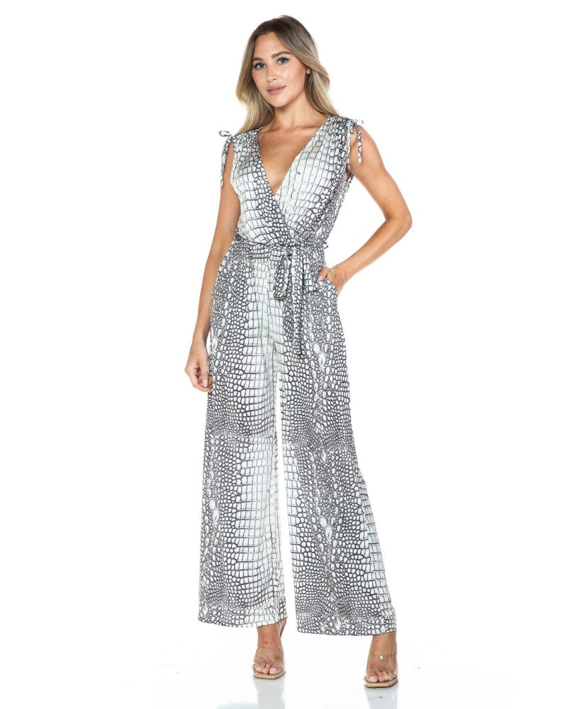 Animal Print Surplice Wide Leg Jumpsuit