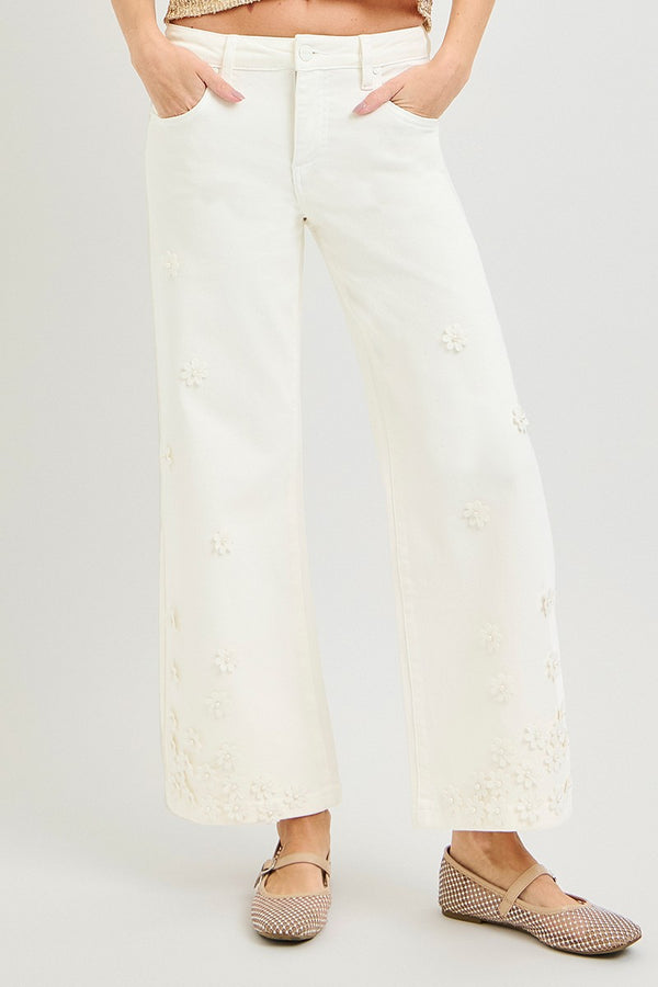 Tummy Control Mid Rise Crop Flower Jeans by Risen