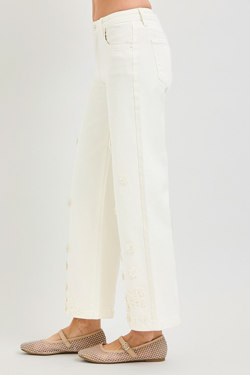 Tummy Control Mid Rise Crop Flower Jeans by Risen