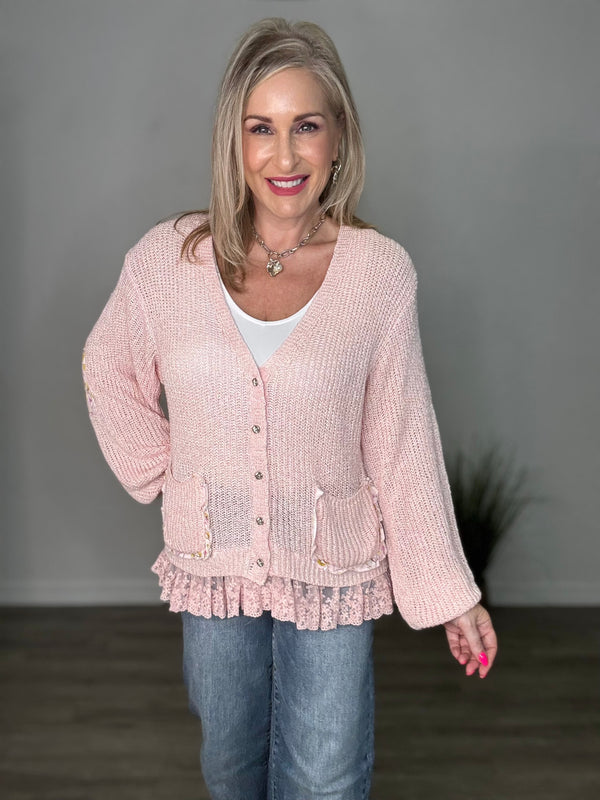 Floral Ruffle Cardigan Sweater by Pol