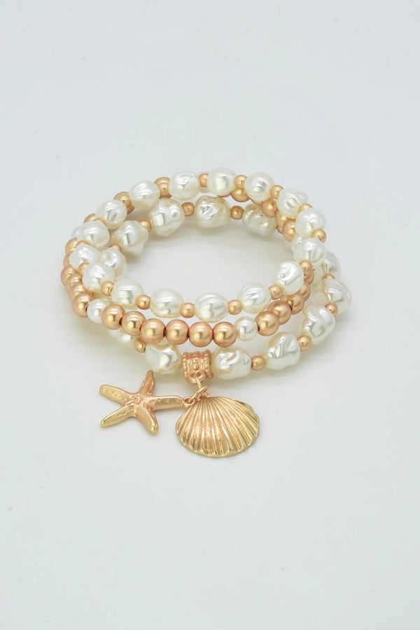 3 Piece Shell Starfish Sealife Charm Bracelet Set