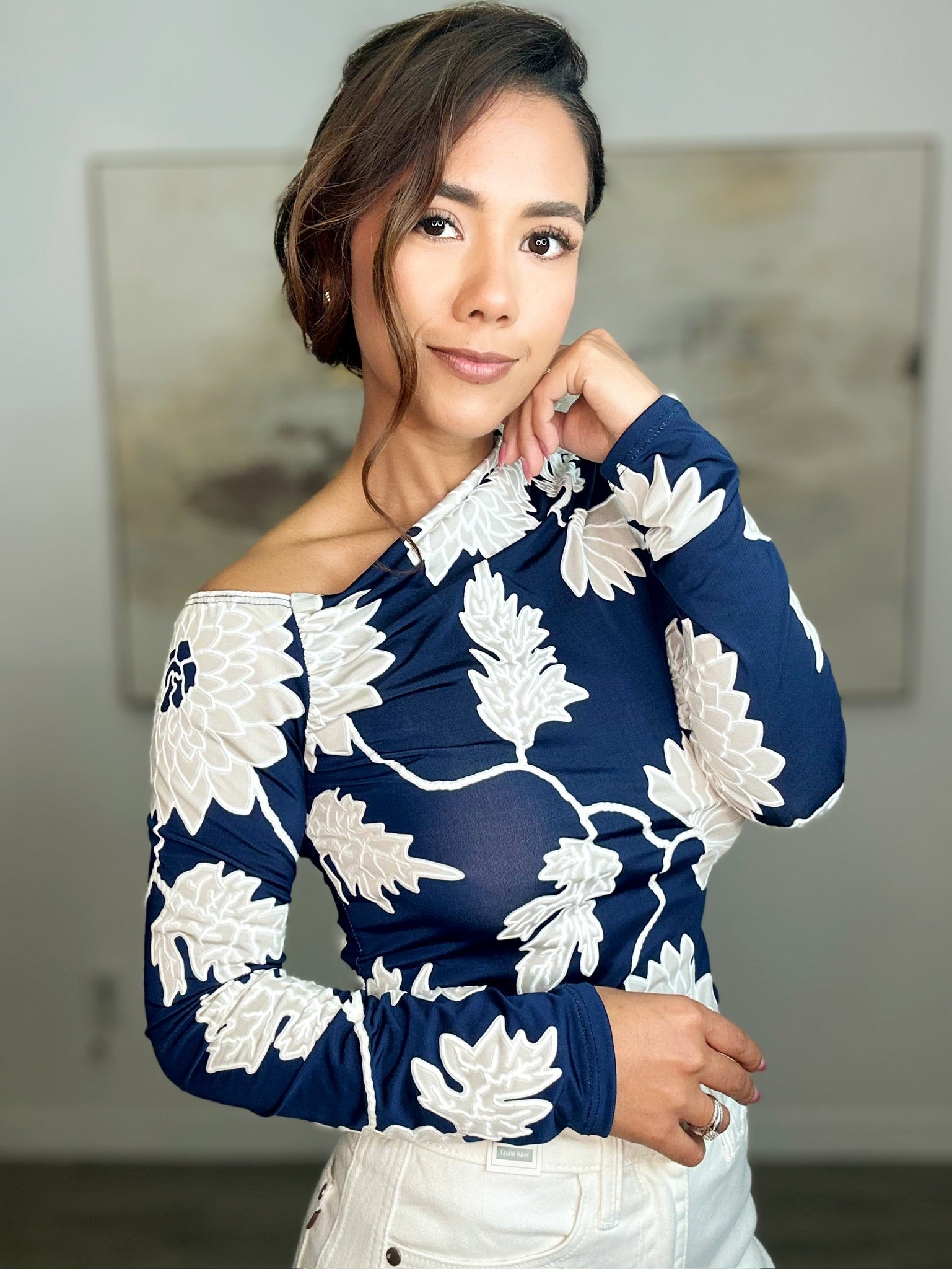 The Navy Floral Open Shoulder  Top