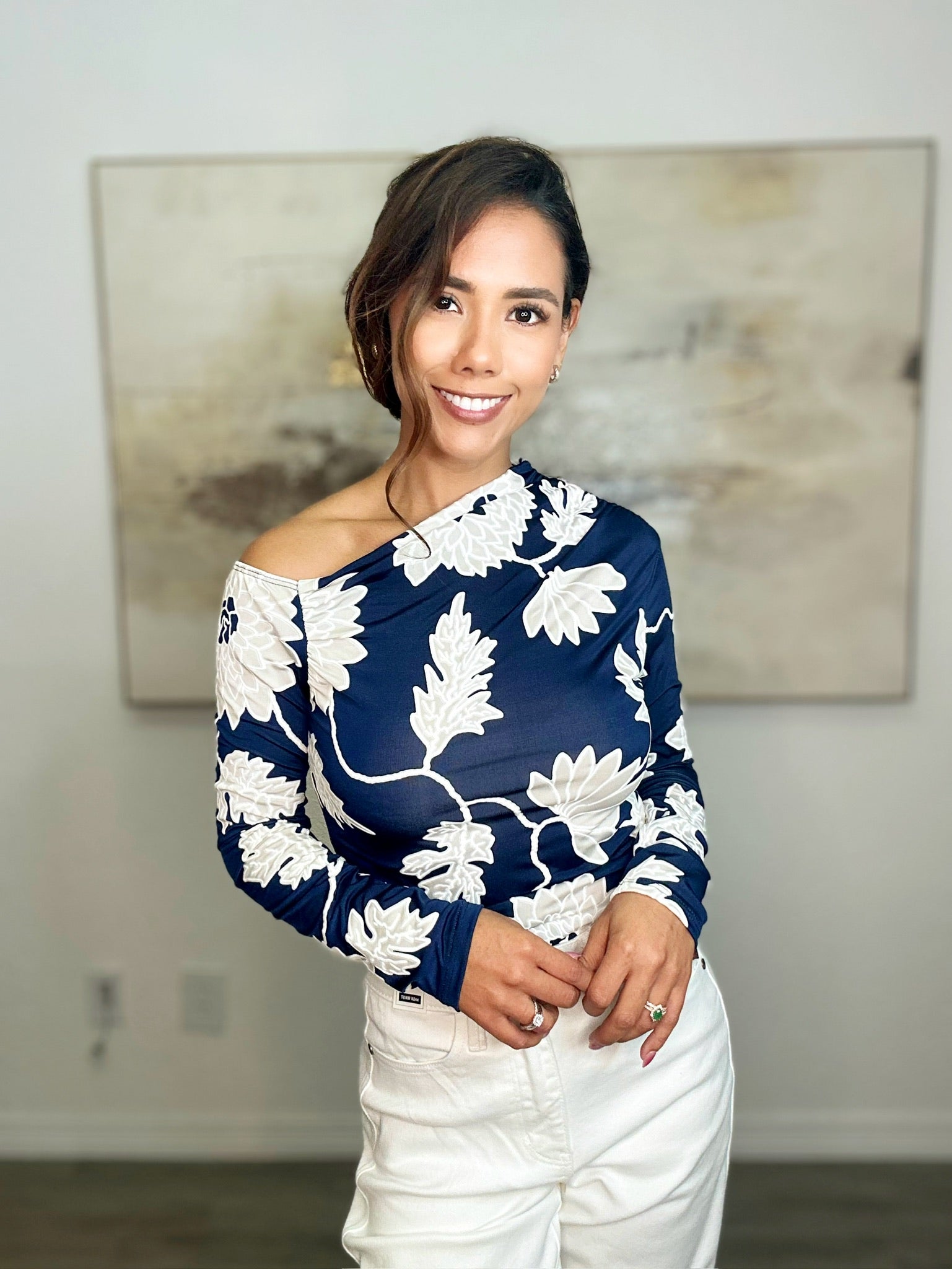 The Navy Floral Open Shoulder  Top