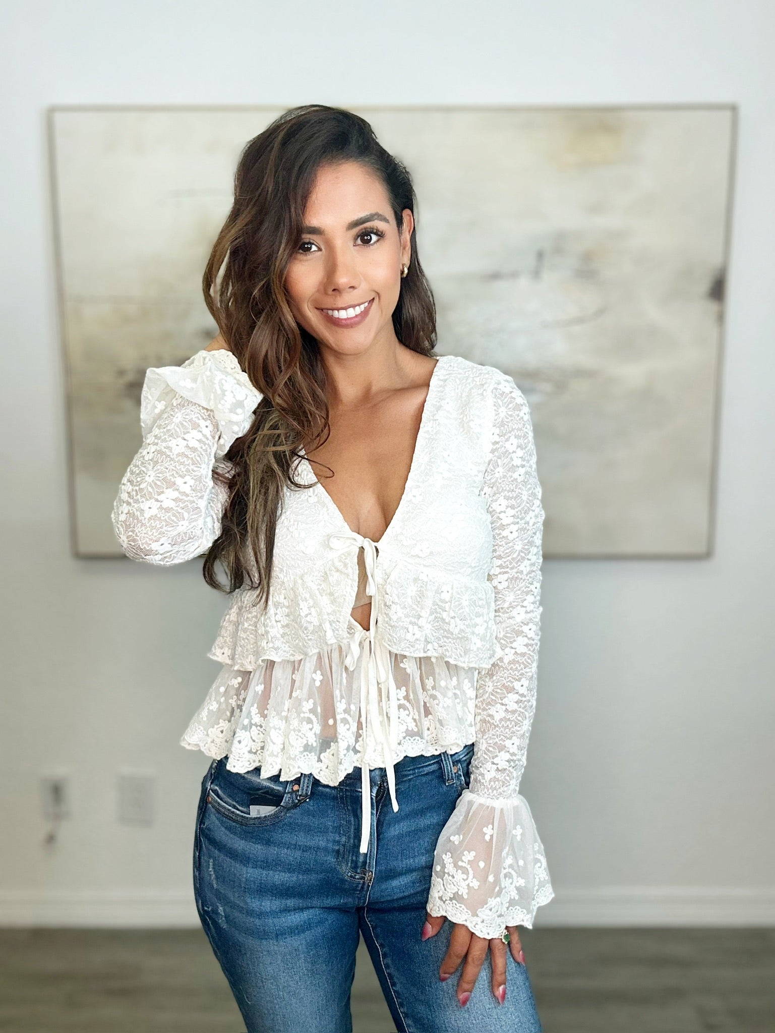 Lace Trimmed Detailed Front Tie Lace Top