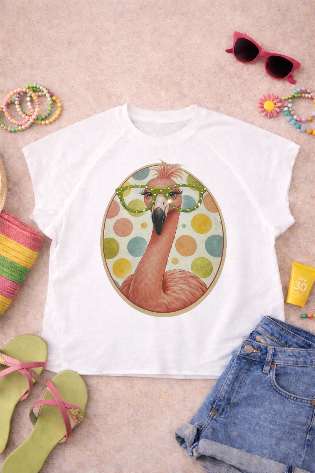 Flamingo Rhinestone Specs Graphic Tee Top