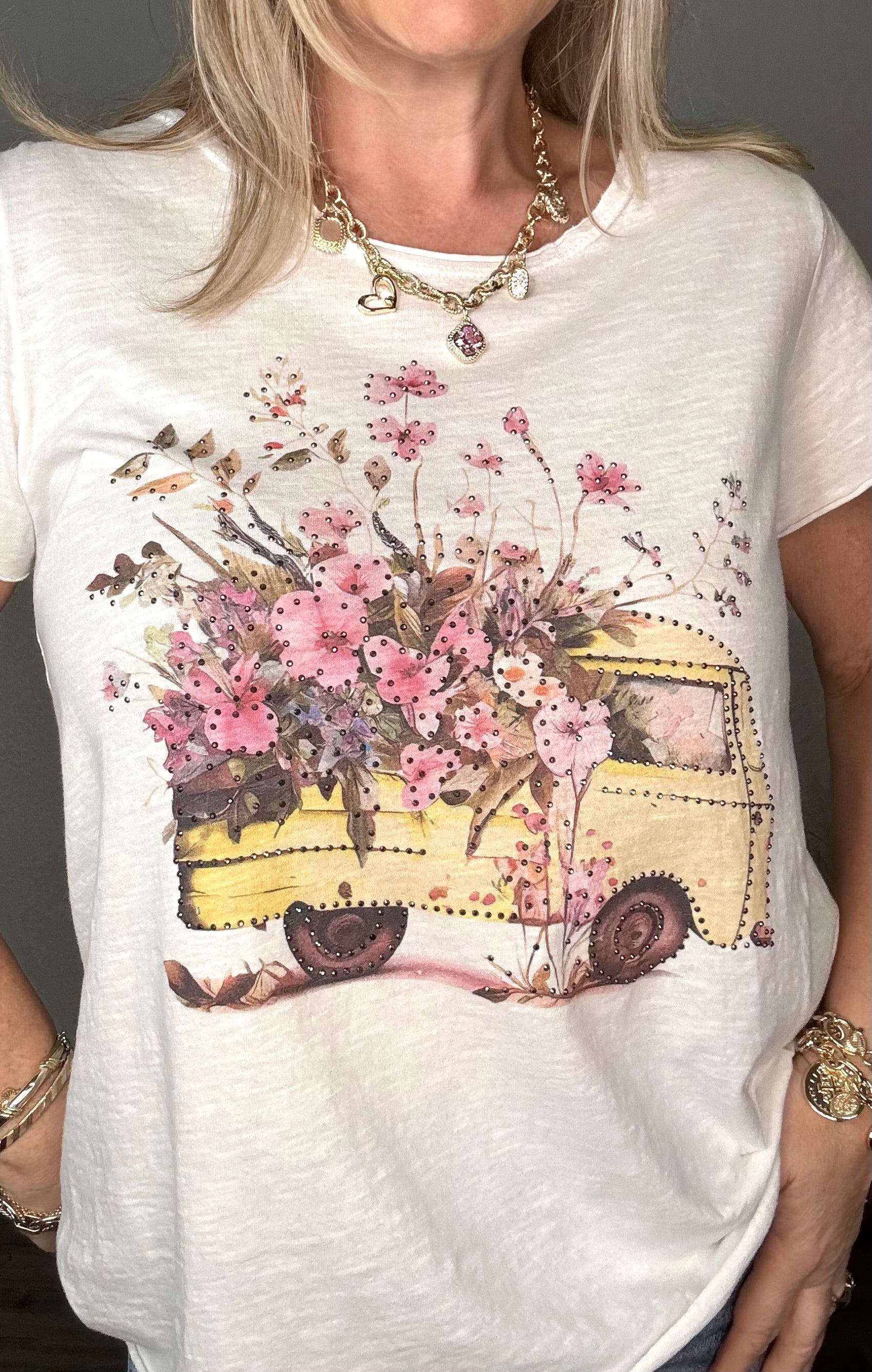 Flower Truck Rhinestone T-Shirt Top