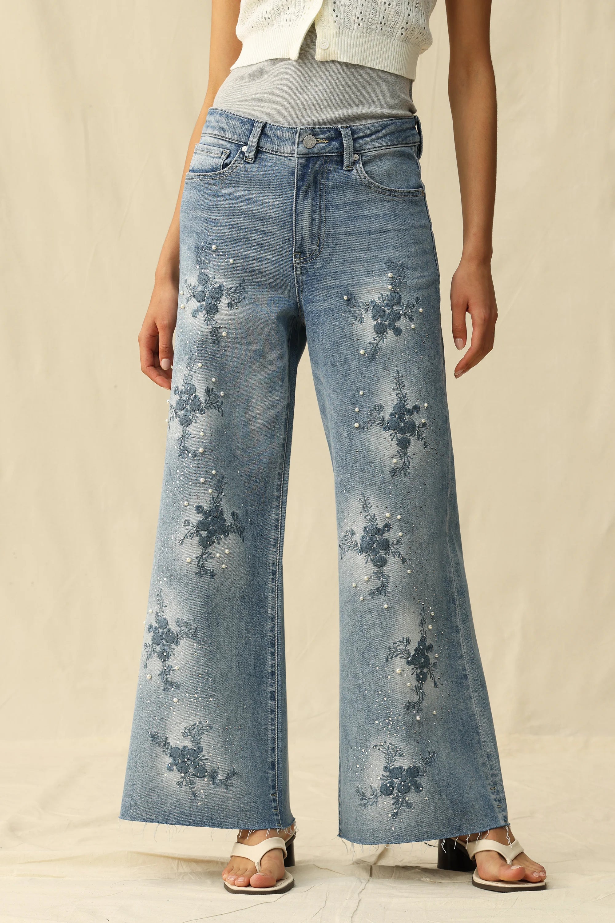 Floral & Rhinestone Wide Leg Jeans