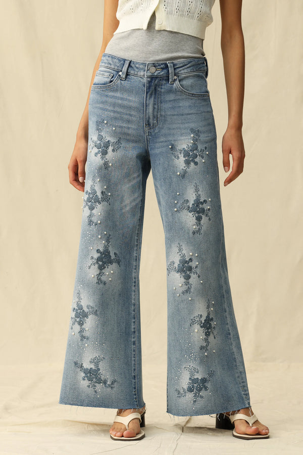 Floral & Rhinestone Wide Leg Jeans
