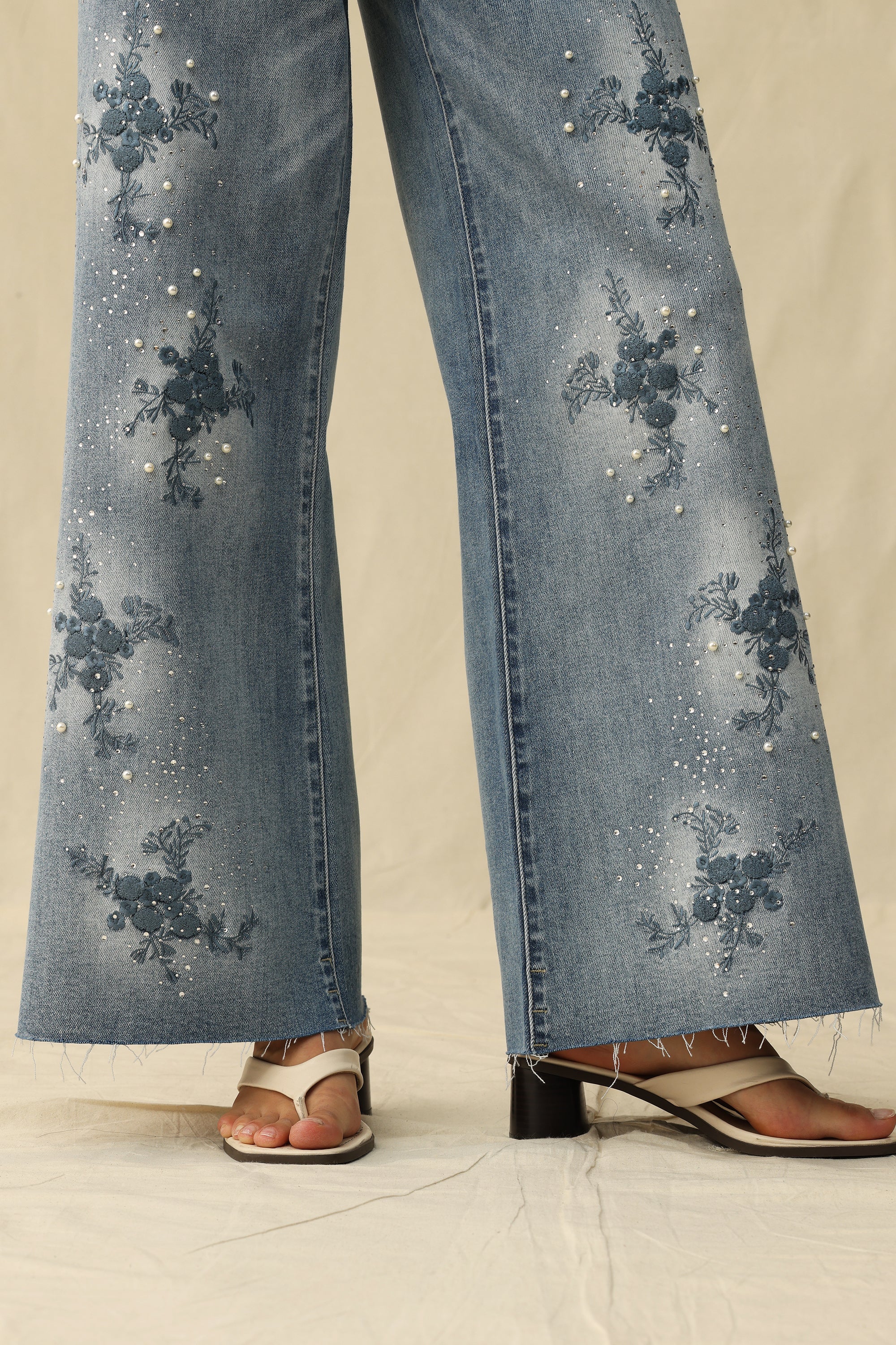 Floral & Rhinestone Wide Leg Jeans