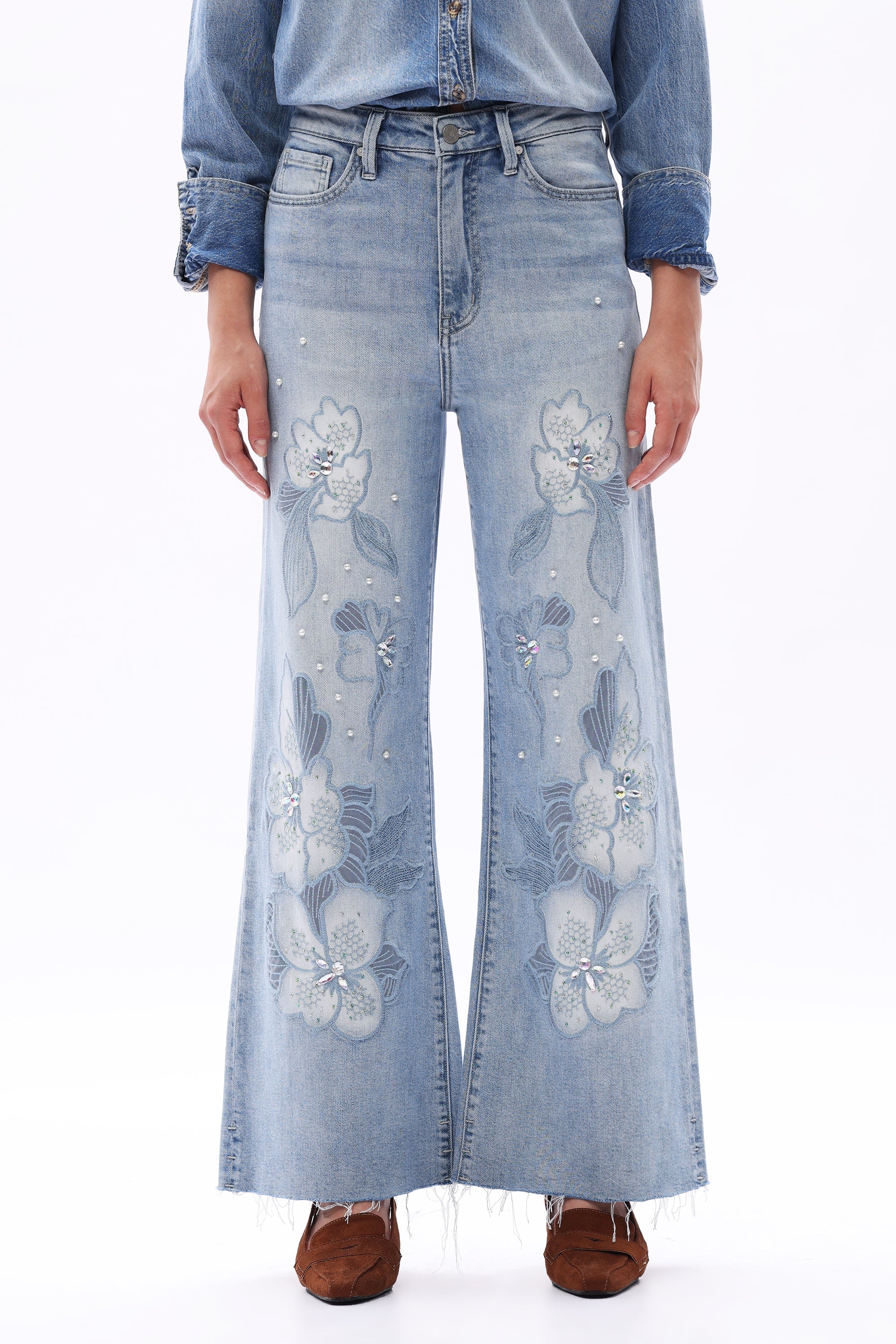 Floral Embroidery & Pearl Embellishments Wide Leg Jeans