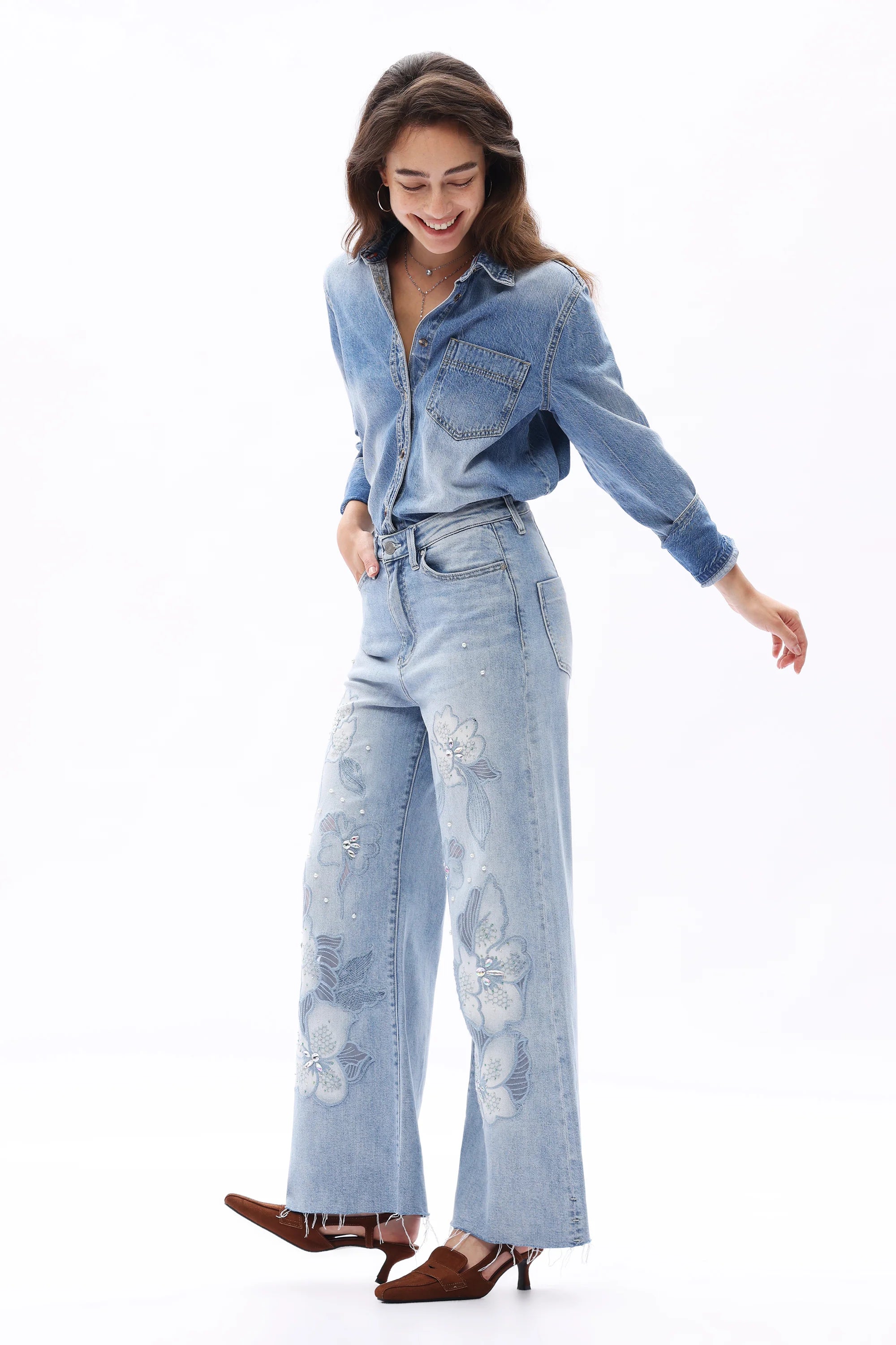 Floral Embroidery & Pearl Embellishments Wide Leg Jeans