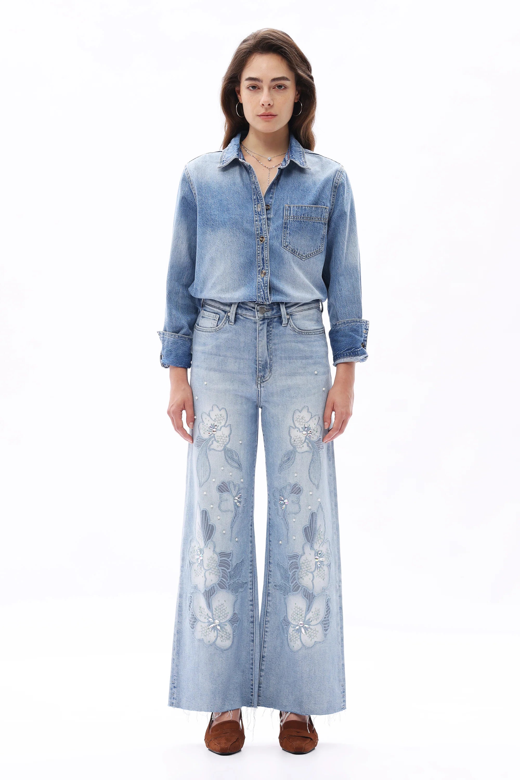 Floral Embroidery & Pearl Embellishments Wide Leg Jeans